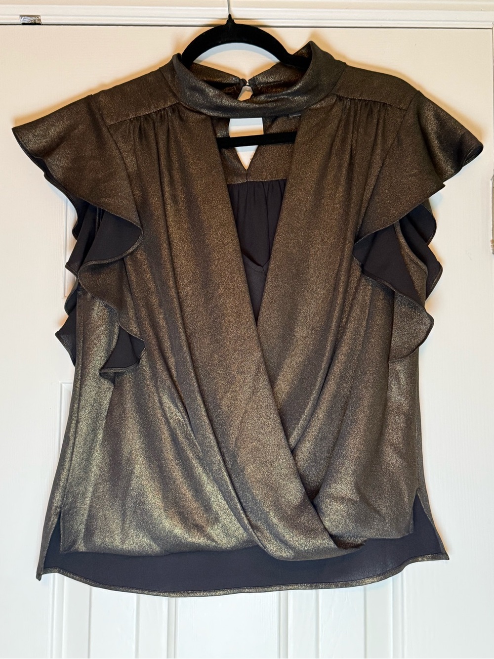 BCBGMaxAzria Metallic Charcoal Surplice Ruffle Sleeve Top XXS